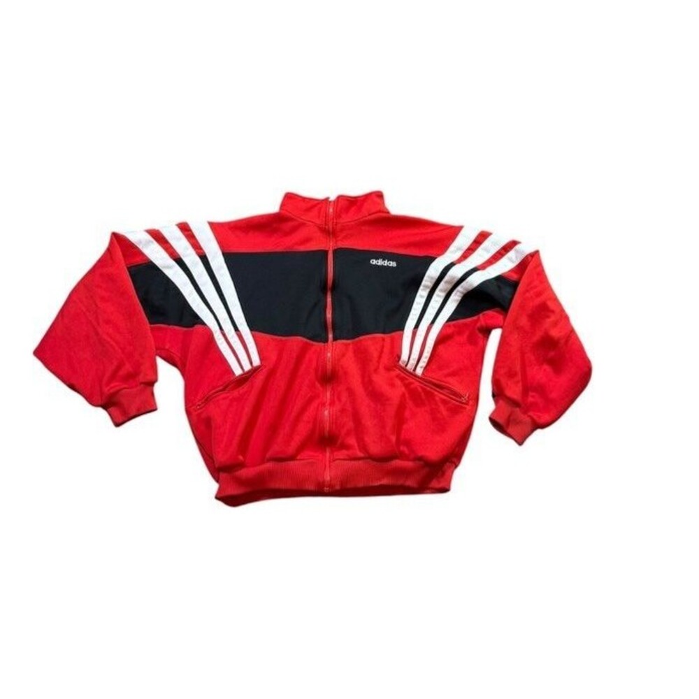 Adidas Track Jacket Mens Size XL Red White Black Full Zip 3 Stripe Vtg READ
